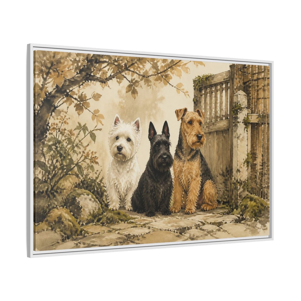Side Mockup 7. Pets: Terrier Trio shown as framed canvas print