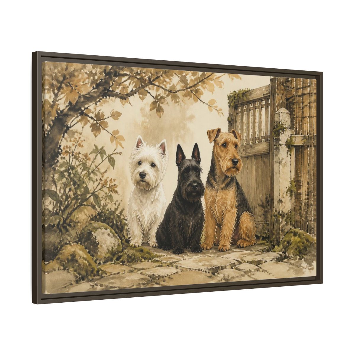 Main Mockup. Pets: Terrier Trio shown as framed canvas print