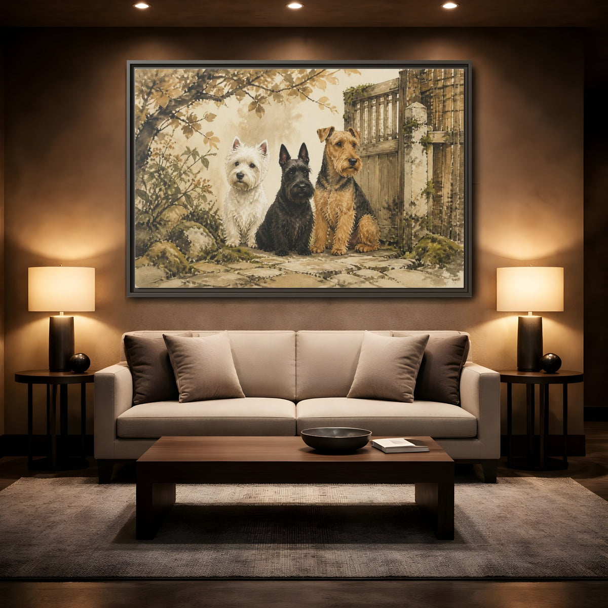 Mockup 2. Pets: Terrier Trio shown as framed canvas print