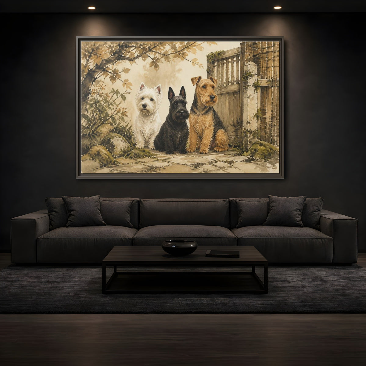 Mockup 3. Pets: Terrier Trio shown as framed canvas print