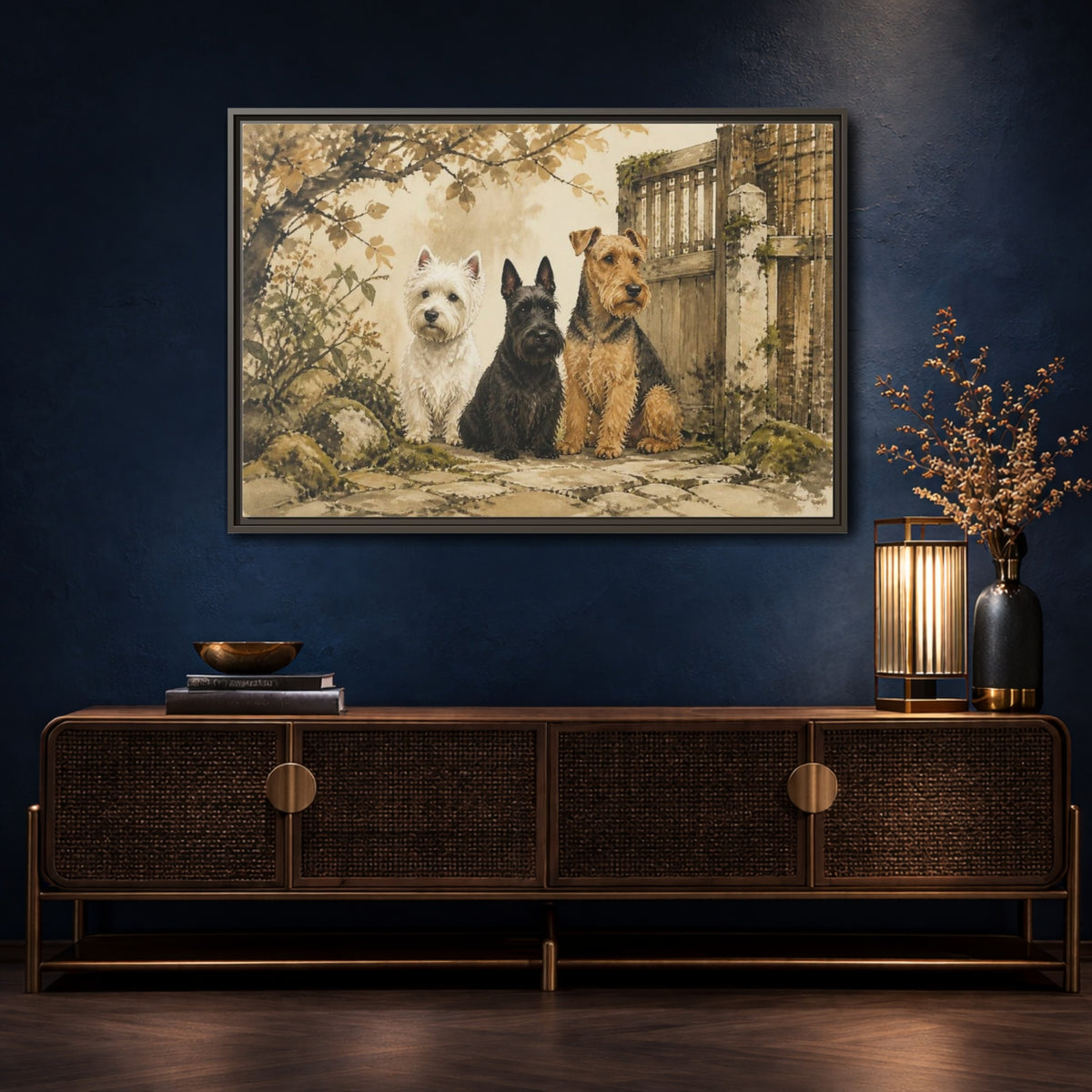 Mockup 4. Pets: Terrier Trio shown as framed canvas print