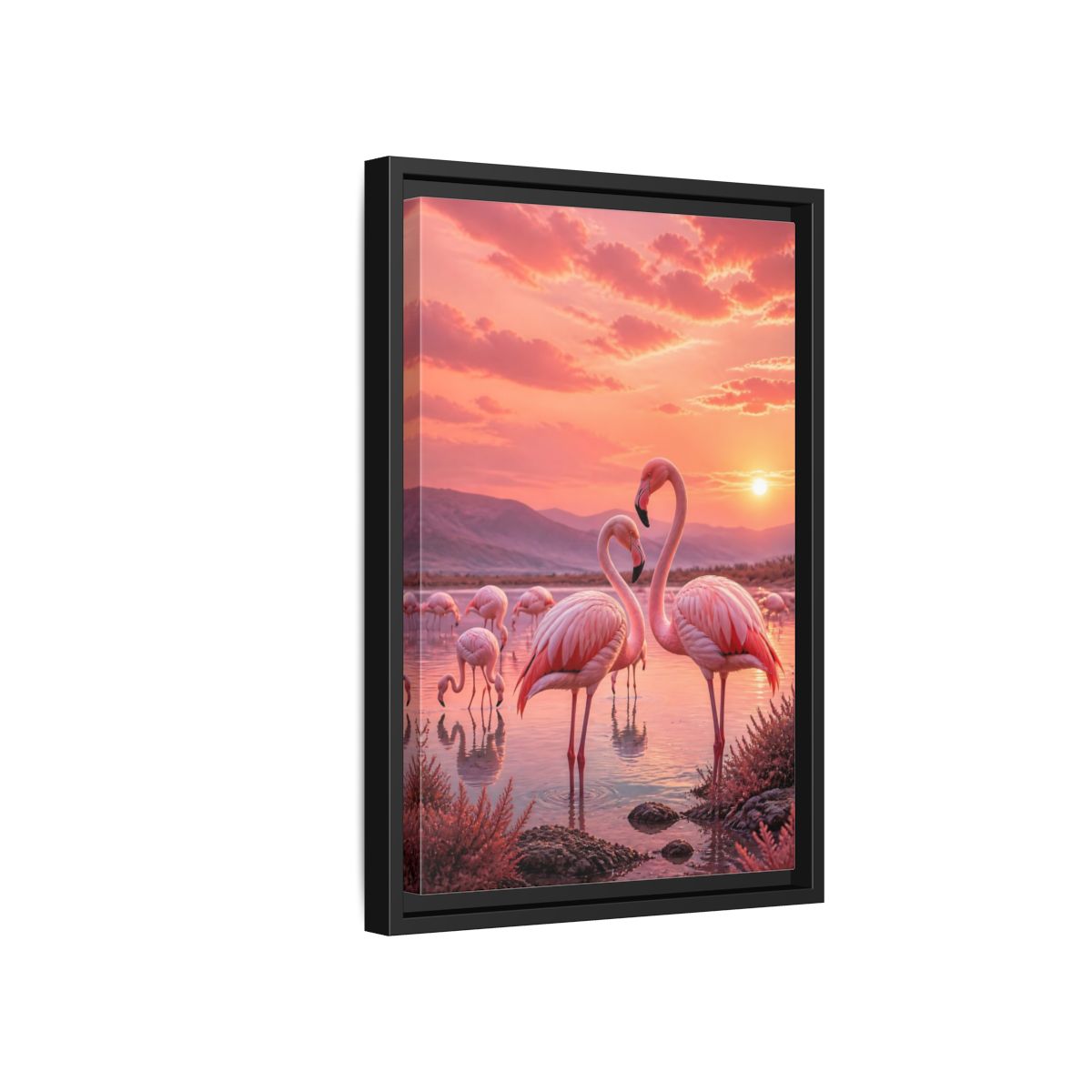 Side Mockup 6. Pink Flamingos Animals shown as framed canvas print