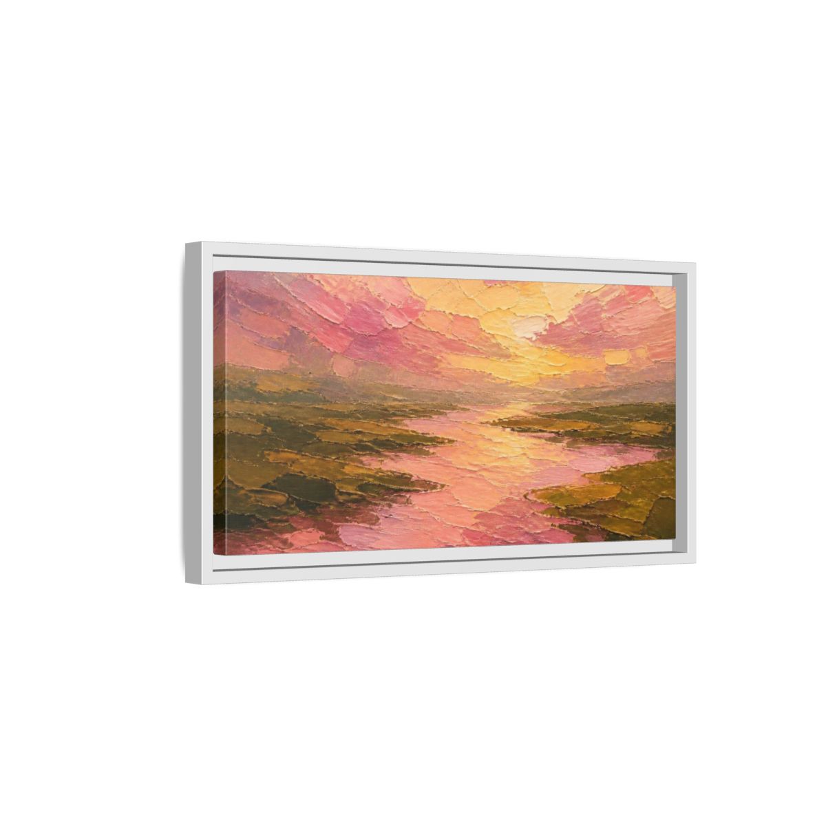 Side Mockup 6. Pink River Delta Sunset shown as framed canvas print