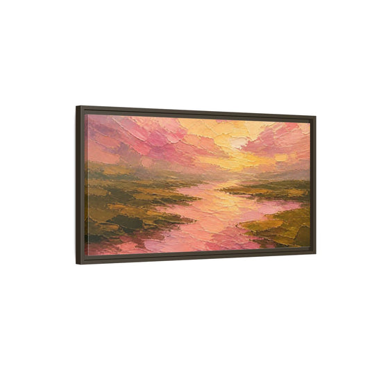 Main Mockup. Pink River Delta Sunset shown as framed canvas print