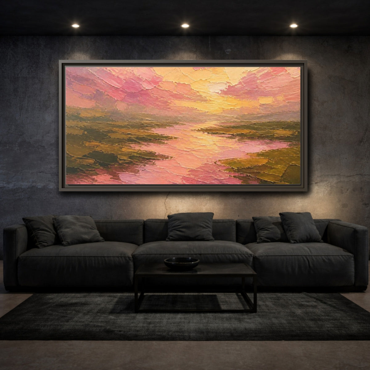 Mockup 3. Pink River Delta Sunset shown as framed canvas print