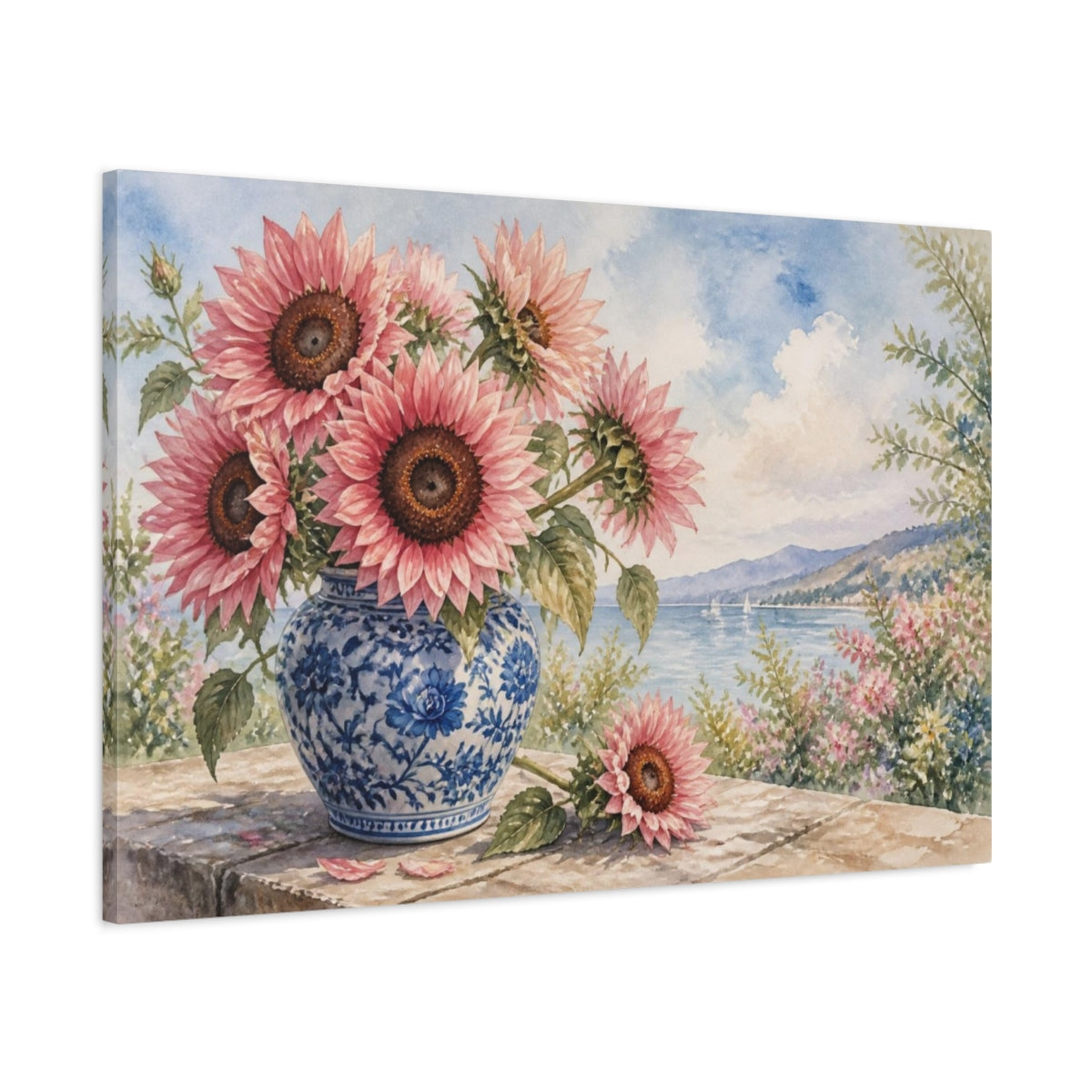 Main Mockup. Pink Sunflower Floral Vase shown as canvas print