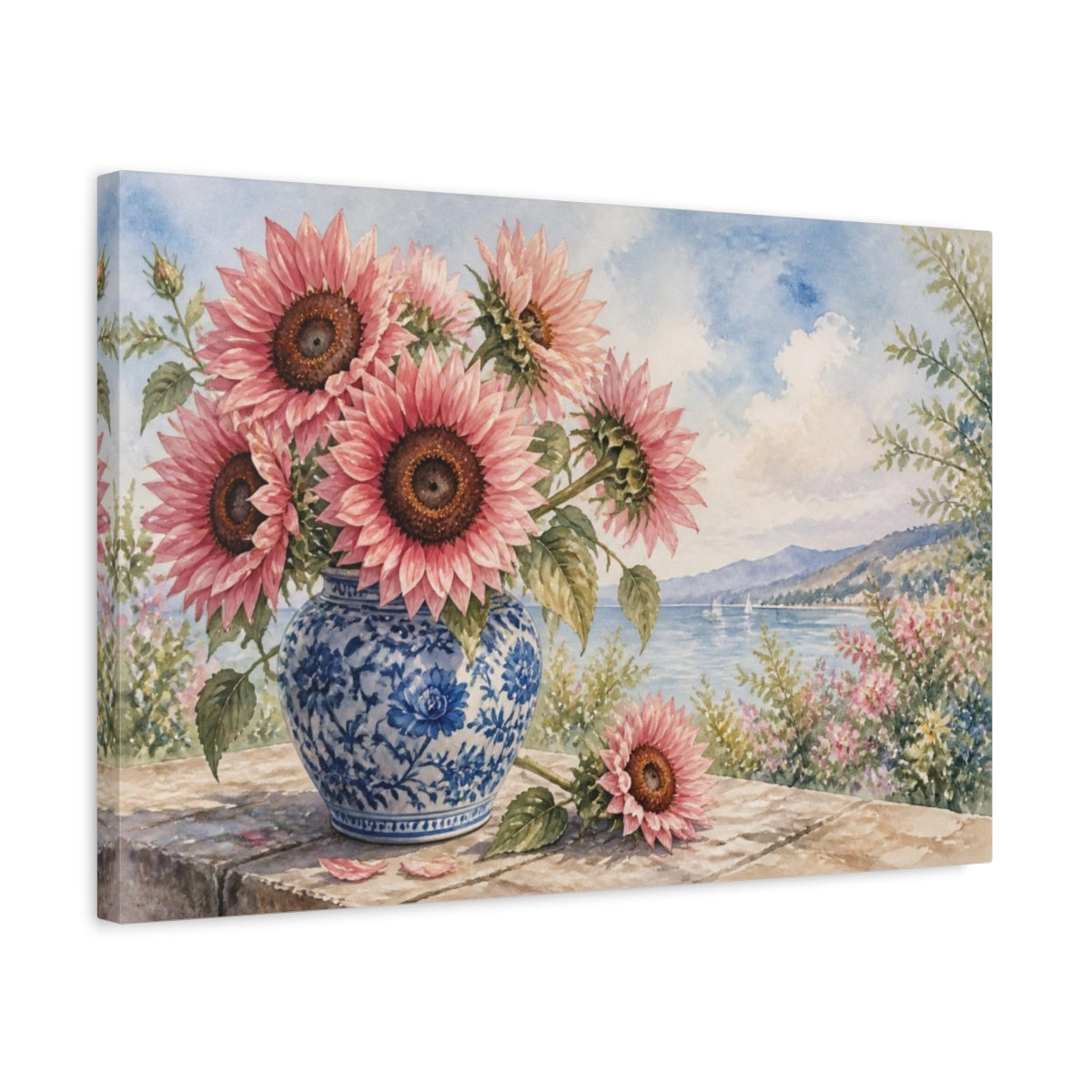 Side Mockup 3. Pink Sunflower Floral Vase shown as canvas print