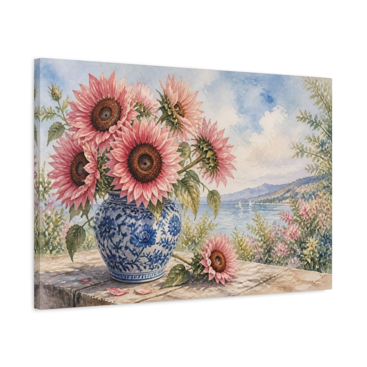 Side Mockup 2. Pink Sunflower Floral Vase shown as canvas print