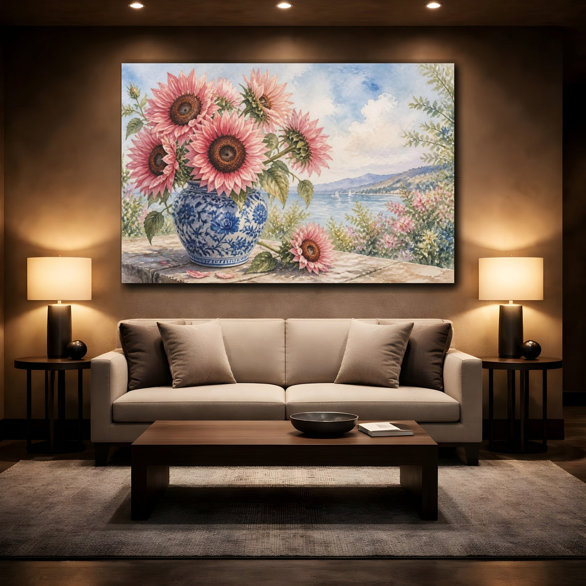 Mockup 2. Pink Sunflower Floral Vase shown as canvas print