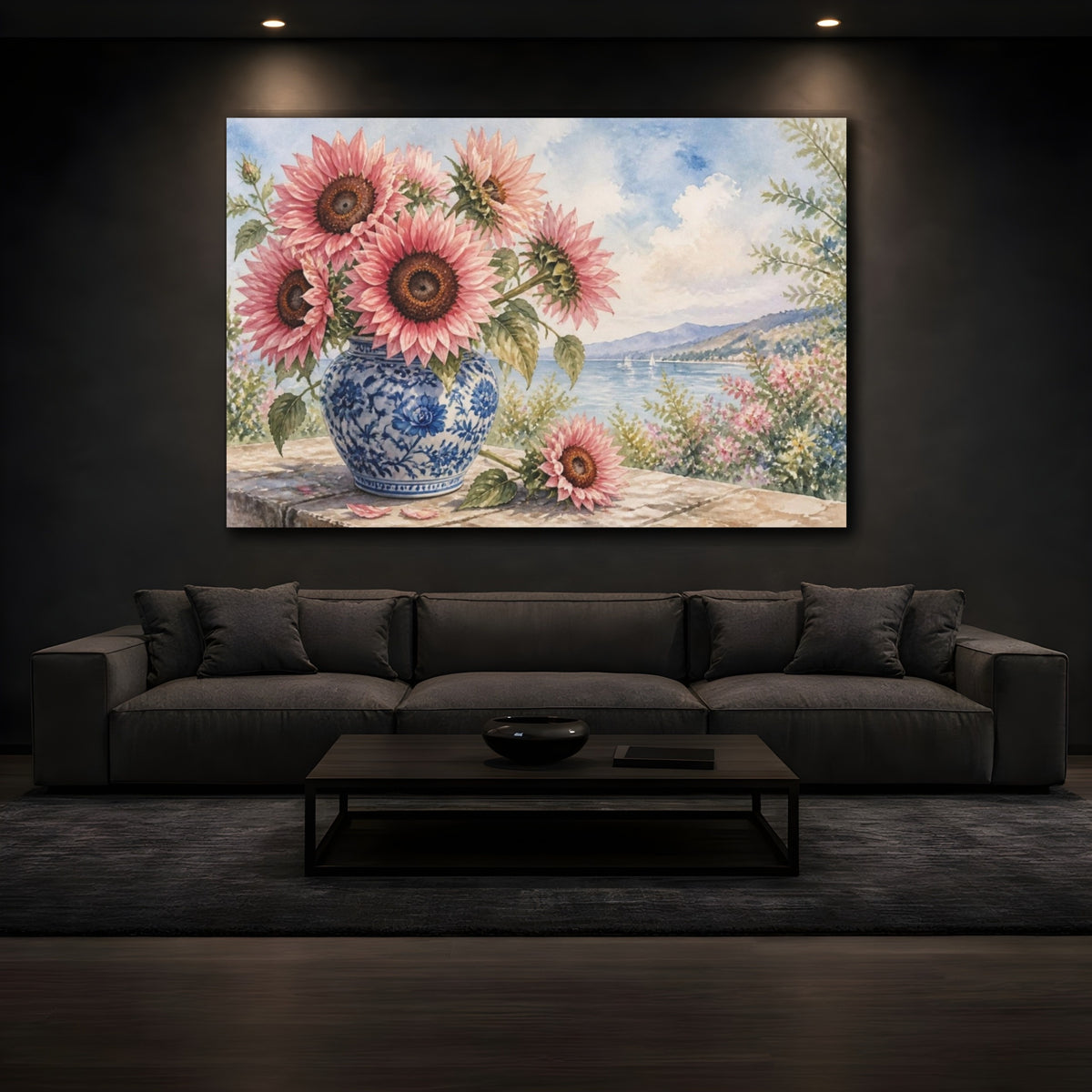 Mockup 3. Pink Sunflower Floral Vase shown as canvas print