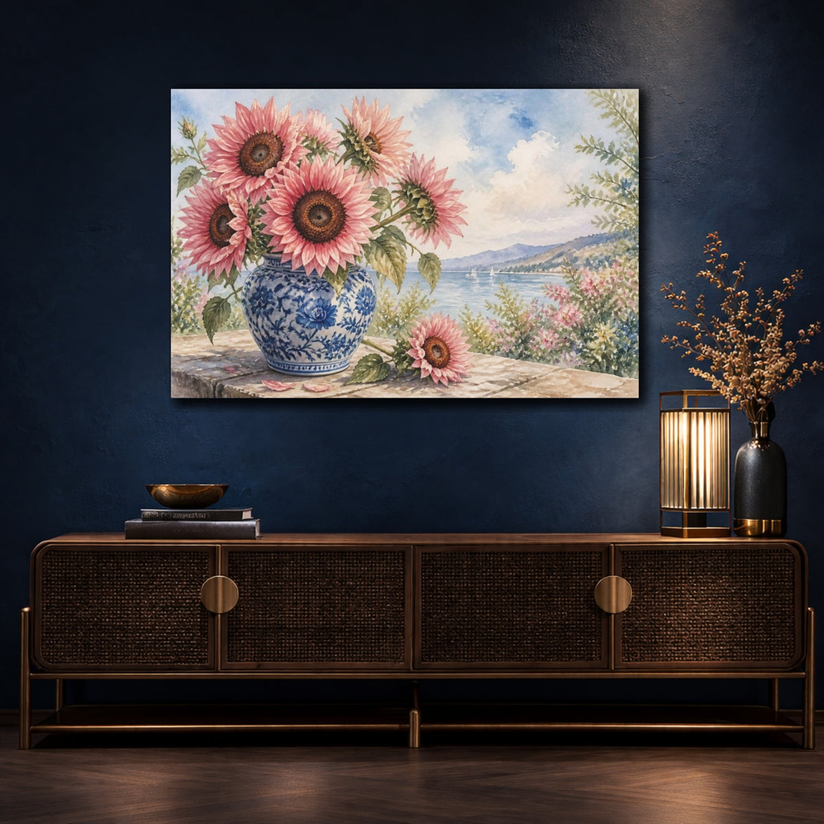 Mockup 4. Pink Sunflower Floral Vase shown as canvas print