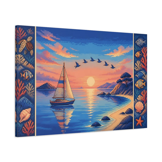 Main Mockup. Pixel Sailboat Sunset shown as canvas print