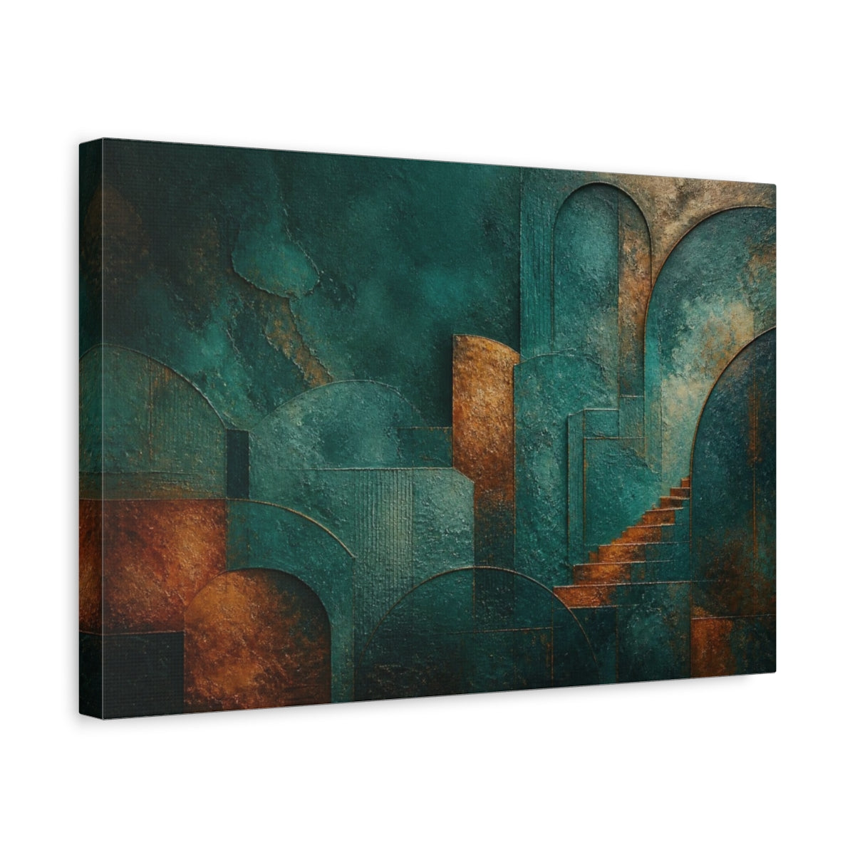 Side Mockup 4. Plaster Abstract Teal Arches shown as canvas print
