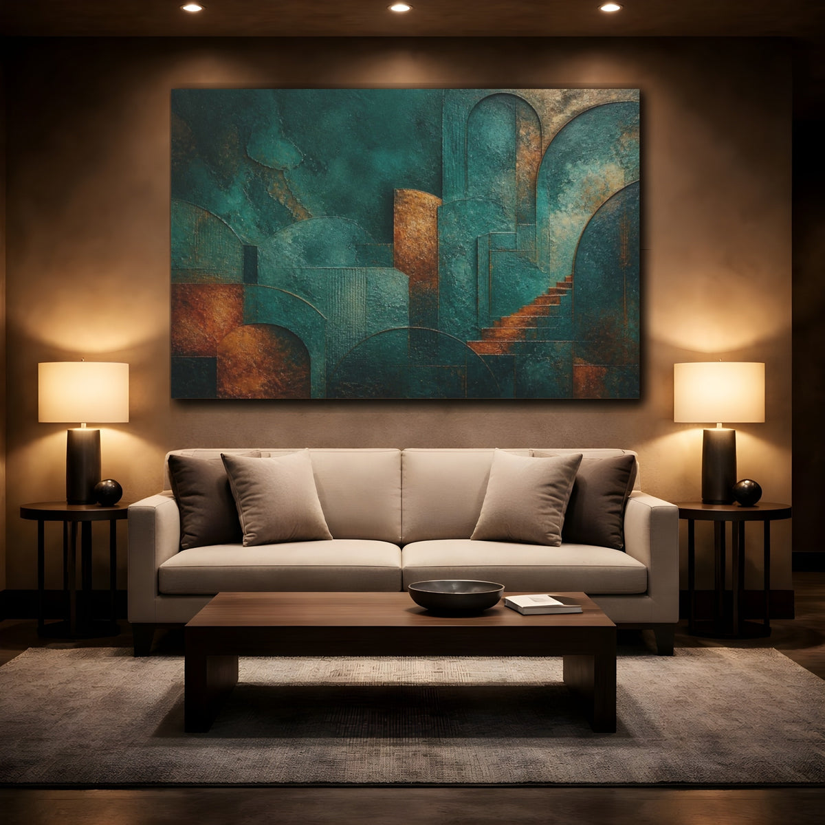 Mockup 2. Plaster Abstract Teal Arches shown as canvas print