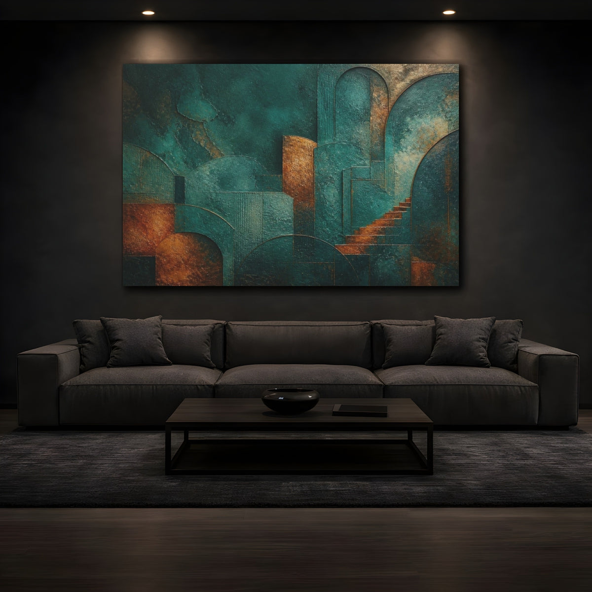 Mockup 3. Plaster Abstract Teal Arches shown as canvas print