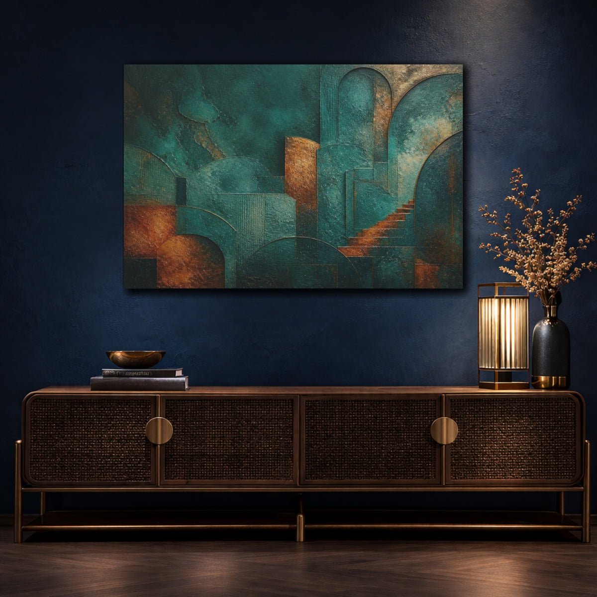 Mockup 4. Plaster Abstract Teal Arches shown as canvas print