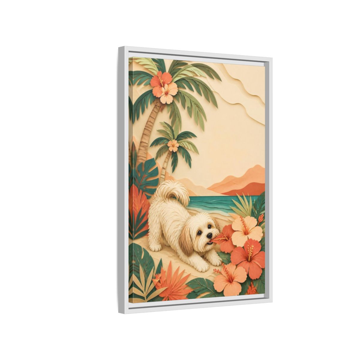 Side Mockup 1. Playful Havanese Pet shown as framed canvas print