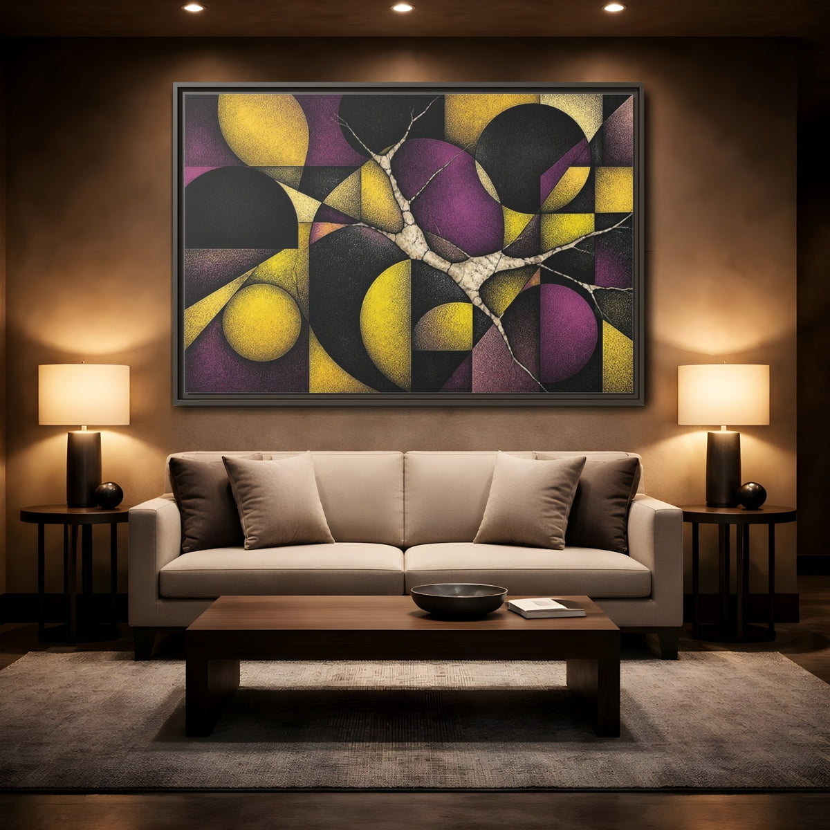Mockup 2. Plum & Citron Circles shown as framed canvas print