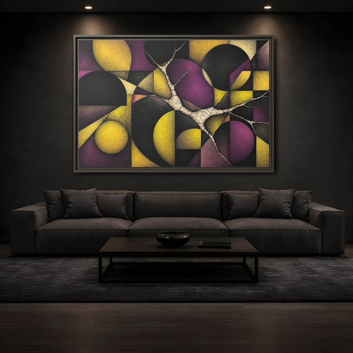Mockup 3. Plum & Citron Circles shown as framed canvas print