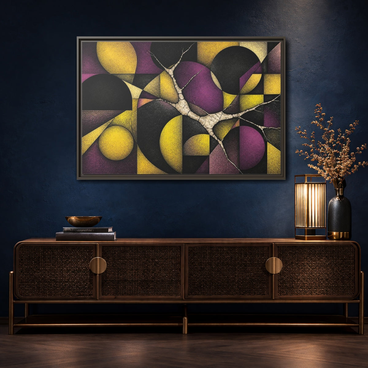 Mockup 4. Plum & Citron Circles shown as framed canvas print