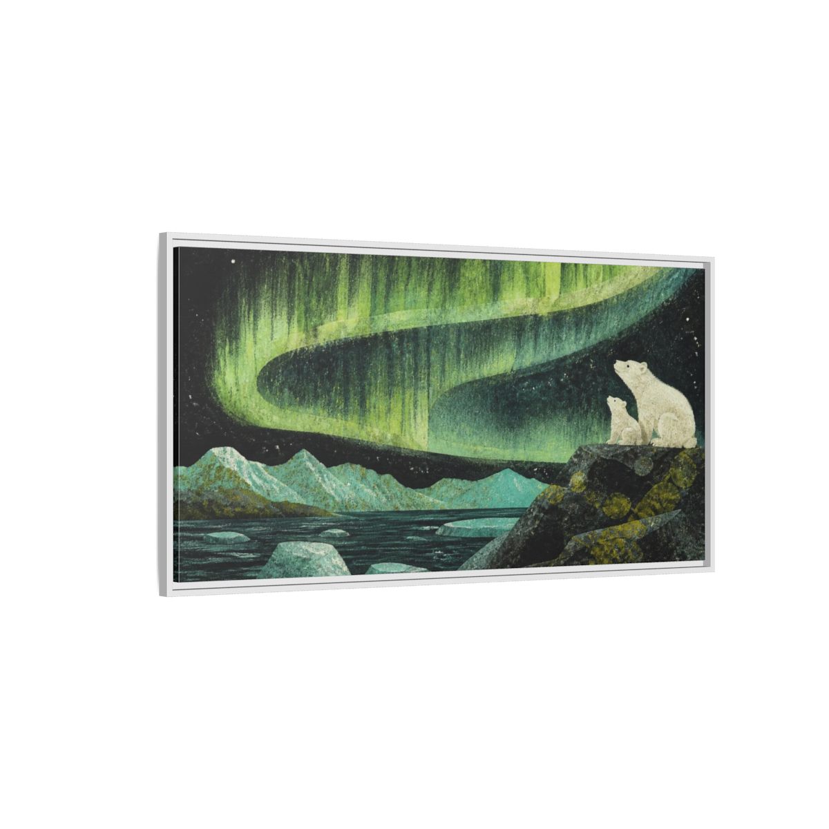 Side Mockup 3. Polar Bears Under Aurora shown as framed canvas print