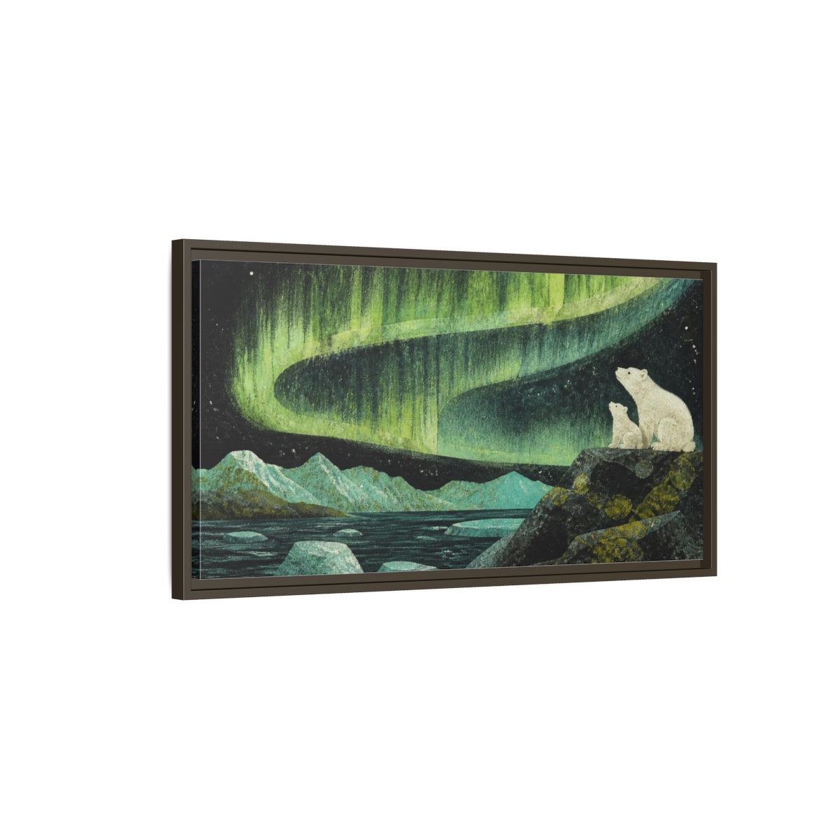 Main Mockup. Polar Bears Under Aurora shown as framed canvas print