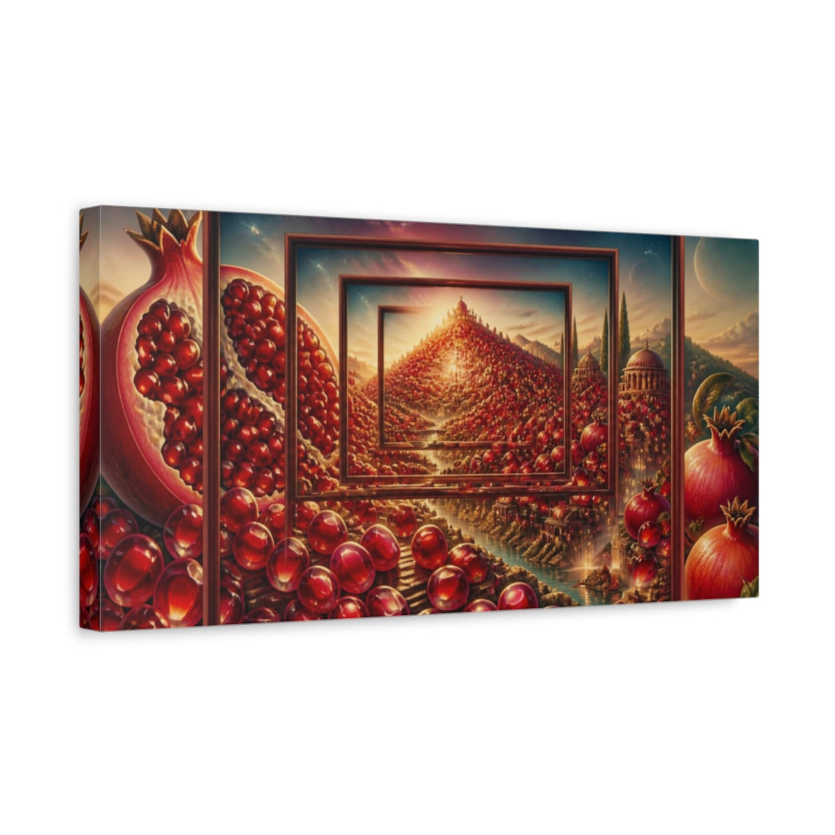 Side Mockup 3. Pomegranate Hill Illusion shown as canvas print