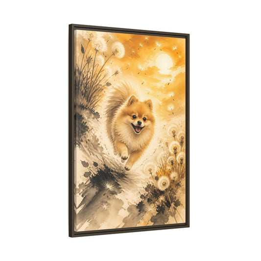 Main Mockup. Pomeranian In Dandelions shown as framed canvas print