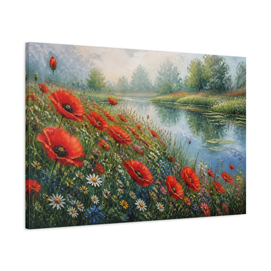Main Mockup. Poppy Flowers By The Pond shown as canvas print