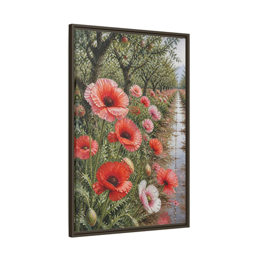 Main Mockup. Poppy Flowers In Orchard shown as framed canvas print