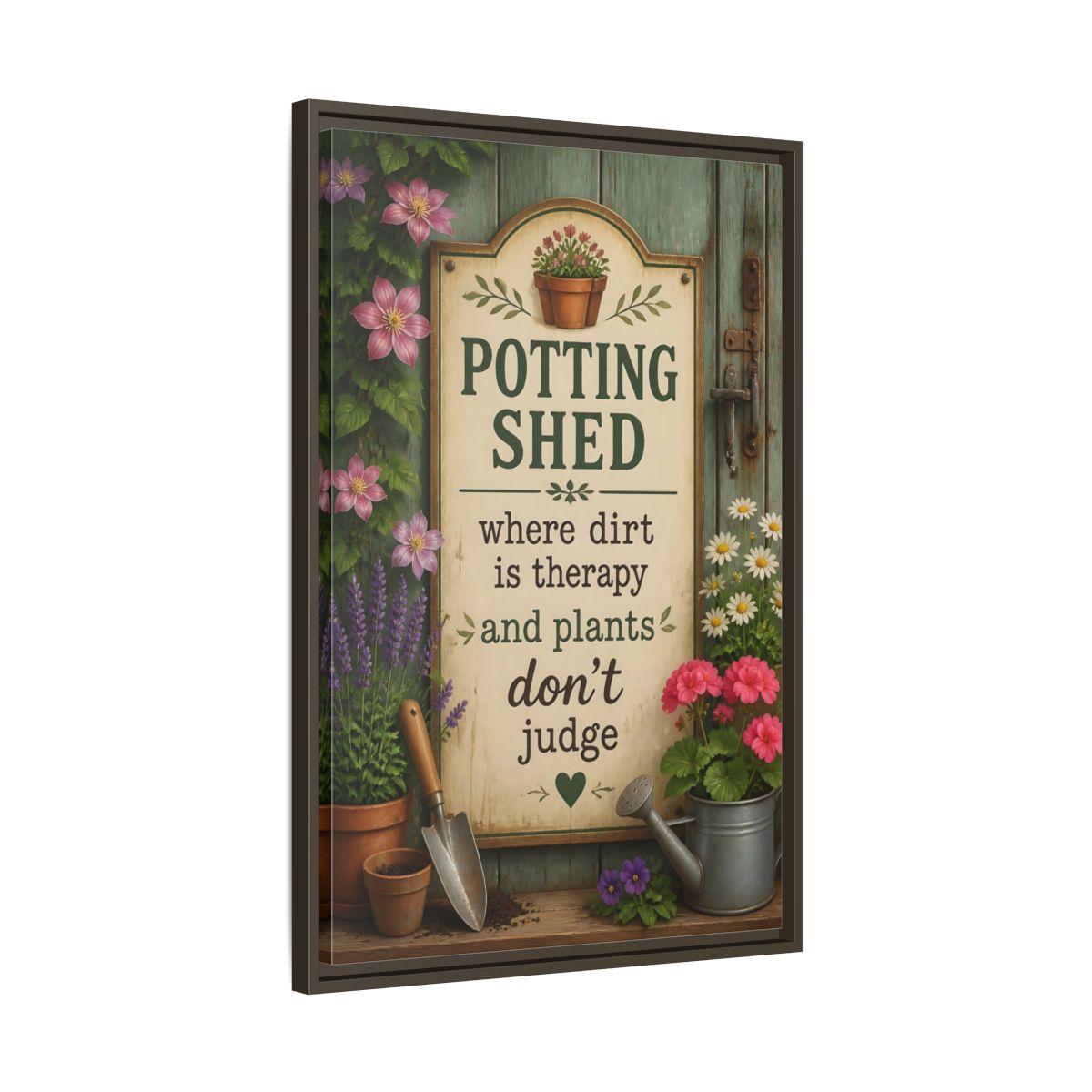Side Mockup 11. Potting Shed Quote Sign shown as framed canvas print