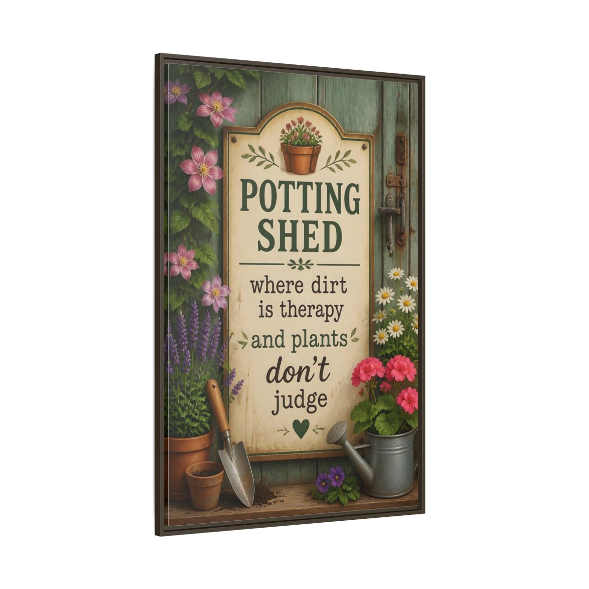 Side Mockup 8. Potting Shed Quote Sign shown as framed canvas print