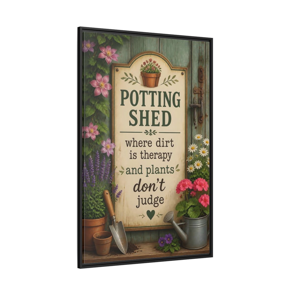 Side Mockup 12. Potting Shed Quote Sign shown as framed canvas print