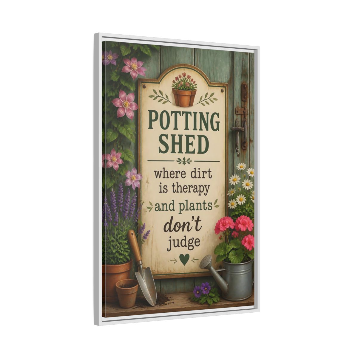 Side Mockup 9. Potting Shed Quote Sign shown as framed canvas print
