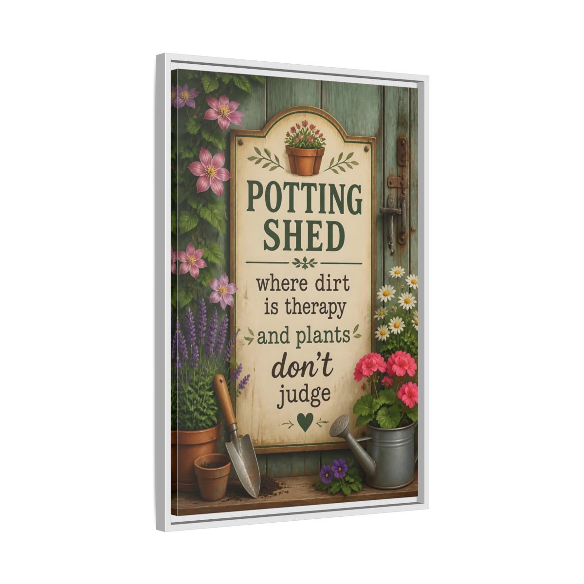 Side Mockup 10. Potting Shed Quote Sign shown as framed canvas print