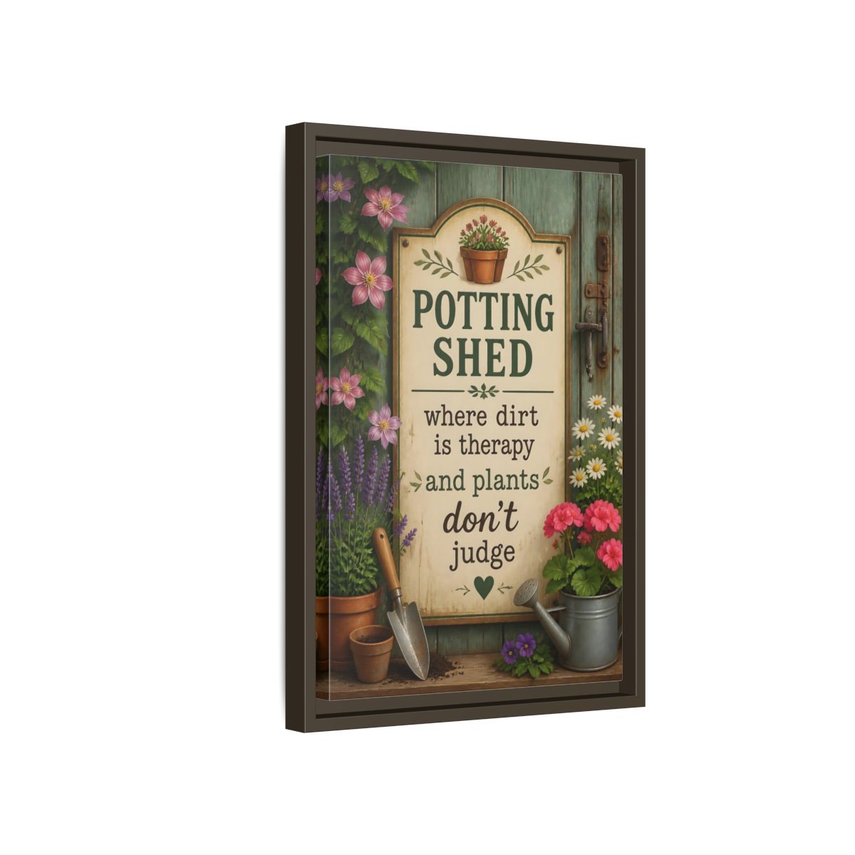 Side Mockup 5. Potting Shed Quote Sign shown as framed canvas print