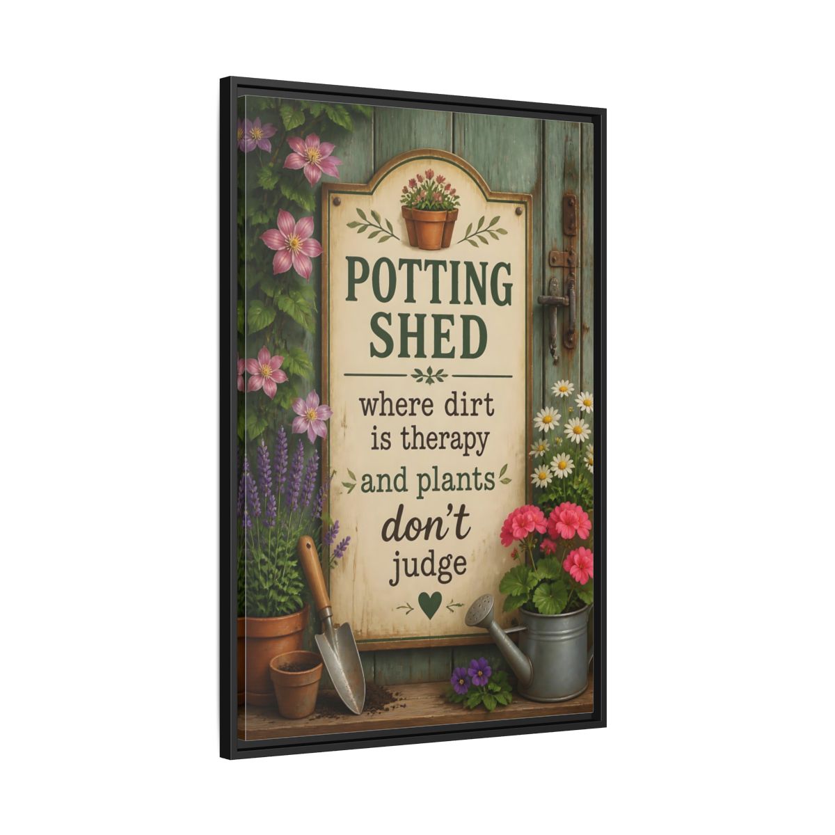 Side Mockup 13. Potting Shed Quote Sign shown as framed canvas print