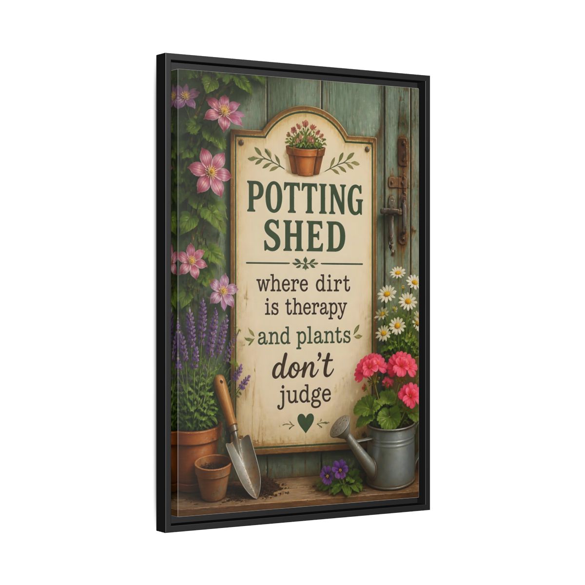 Side Mockup 14. Potting Shed Quote Sign shown as framed canvas print