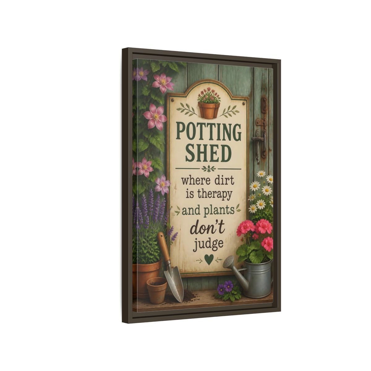 Side Mockup 2. Potting Shed Quote Sign shown as framed canvas print