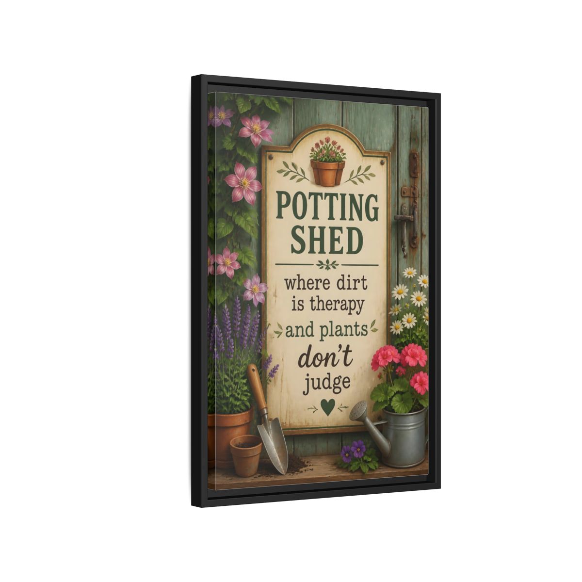 Side Mockup 3. Potting Shed Quote Sign shown as framed canvas print
