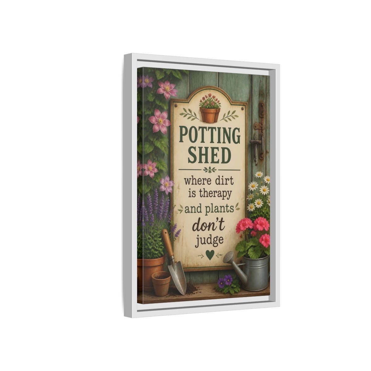 Side Mockup 4. Potting Shed Quote Sign shown as framed canvas print