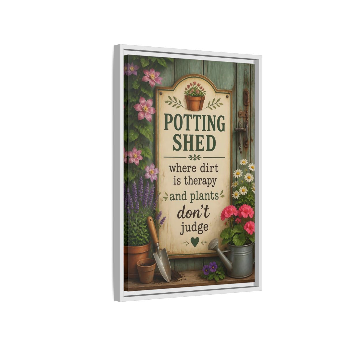 Side Mockup 1. Potting Shed Quote Sign shown as framed canvas print