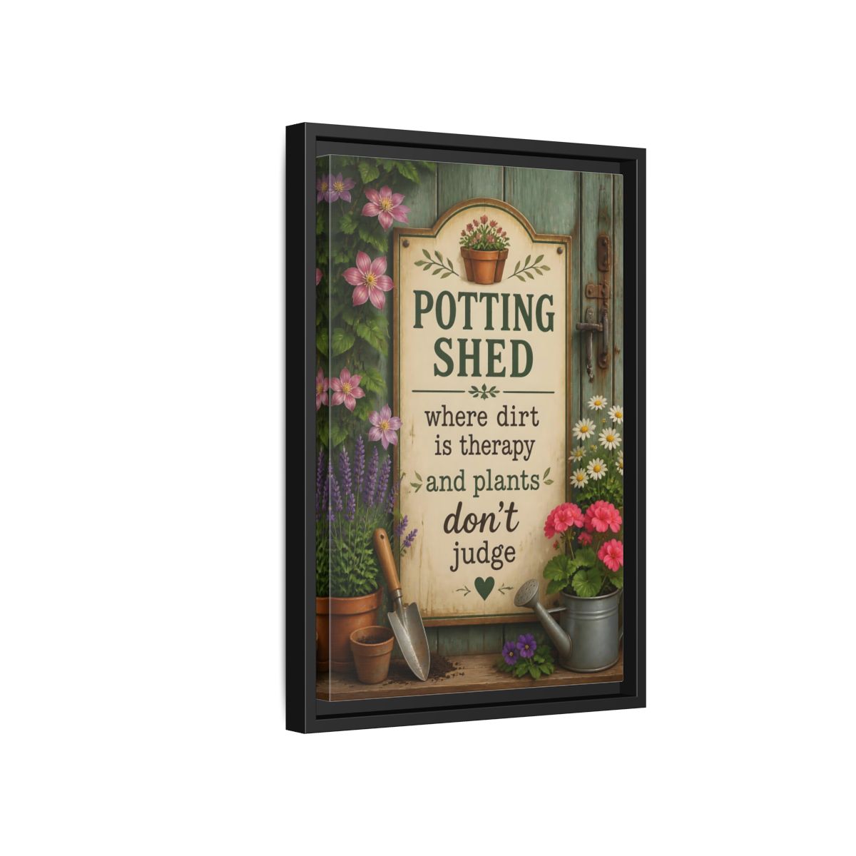 Side Mockup 6. Potting Shed Quote Sign shown as framed canvas print