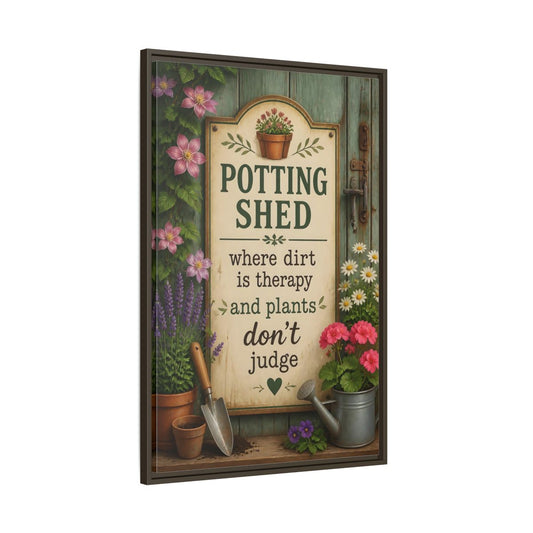 Main Mockup. Potting Shed Quote Sign shown as framed canvas print