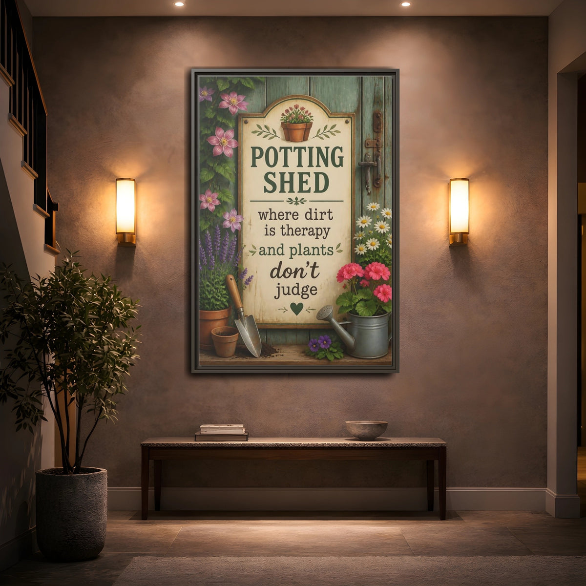 Mockup 2. Potting Shed Quote Sign shown as framed canvas print