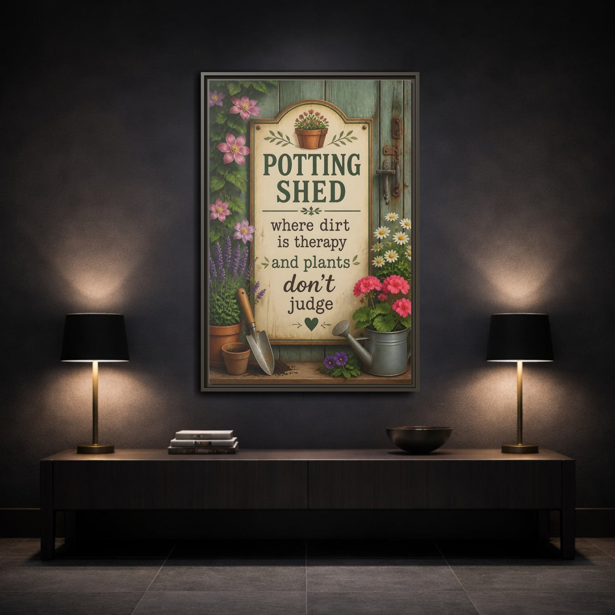Mockup 3. Potting Shed Quote Sign shown as framed canvas print
