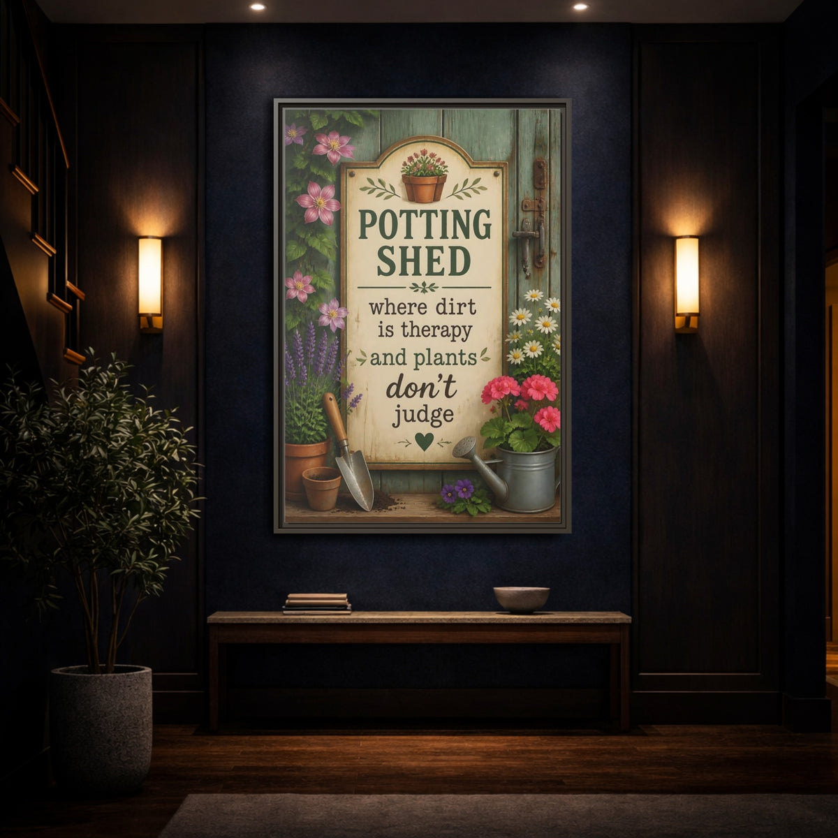 Mockup 4. Potting Shed Quote Sign shown as framed canvas print