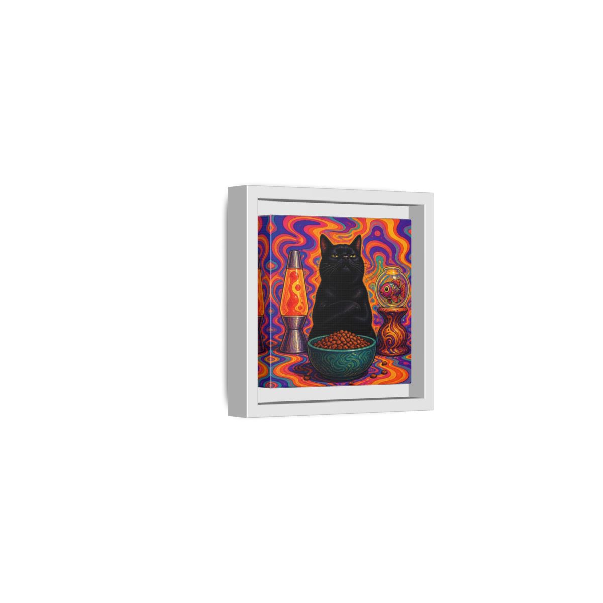 Side Mockup 22. Psychedelic Black Cat shown as framed canvas print