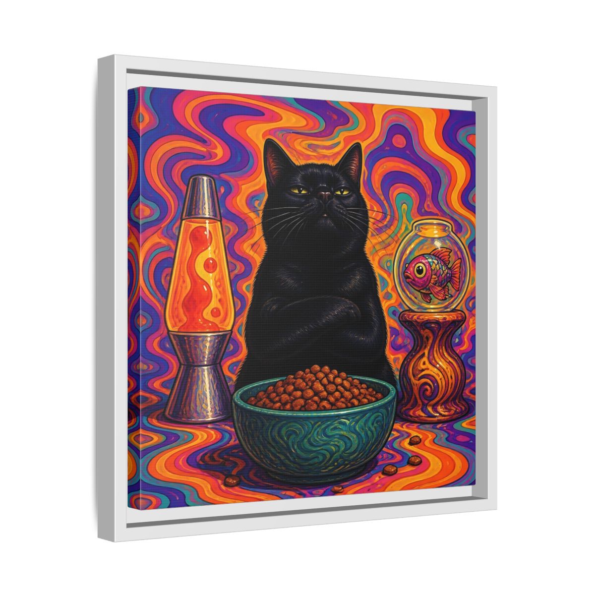 Side Mockup 28. Psychedelic Black Cat shown as framed canvas print