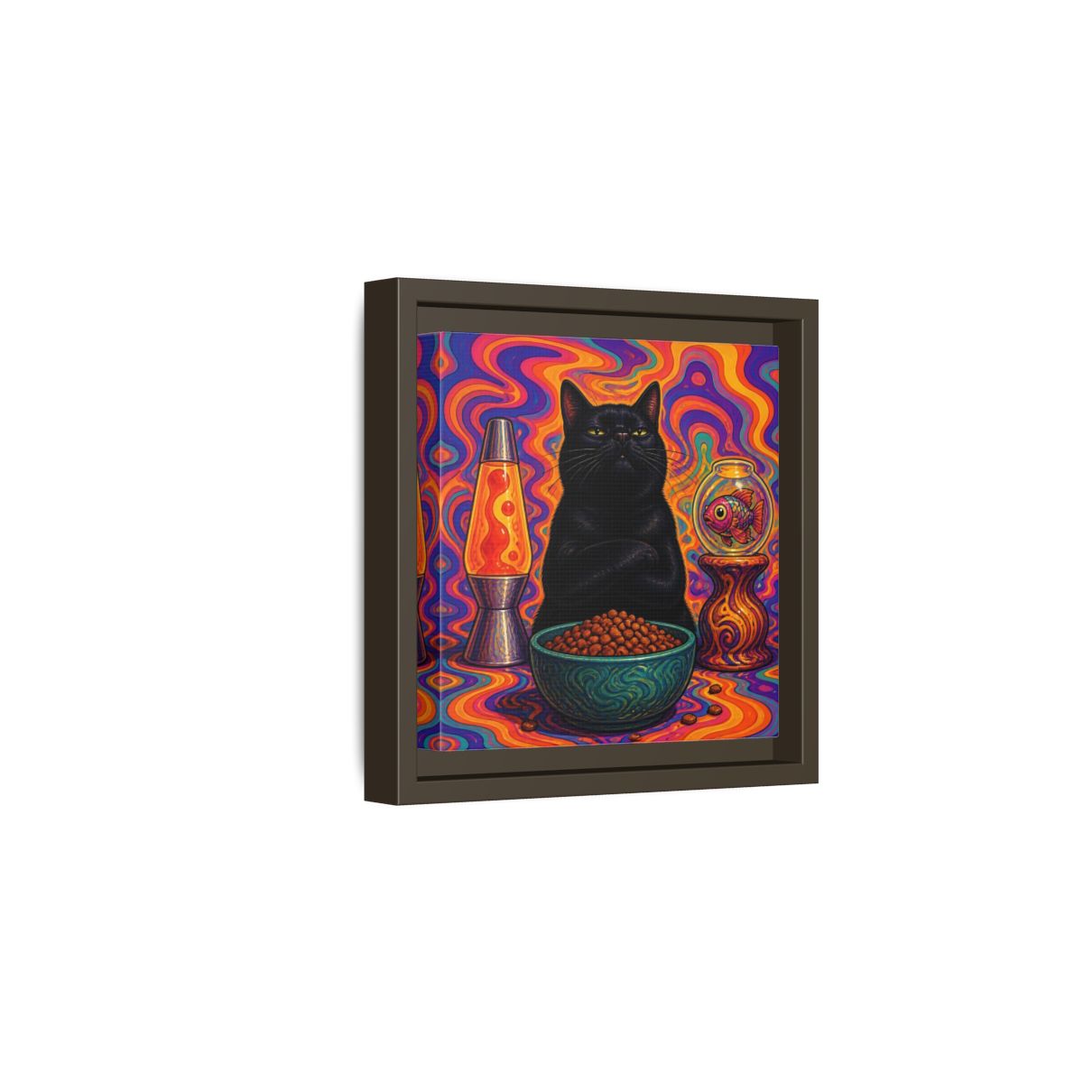 Side Mockup 2. Psychedelic Black Cat shown as framed canvas print